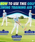 Retractable Golf Swing Trainer With Click Feedback For Right Handed Players, step-by-step swing guide on green field