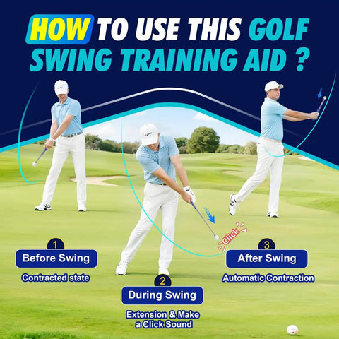Retractable Golf Swing Trainer With Click Feedback For Right Handed Players, step-by-step swing guide on green field