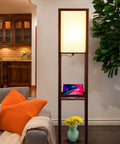 Dope Shelf Floor Lamp With USB Ports And Wireless Charging Pad And Outlets, corner storage in living room setting