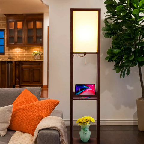 Dope Shelf Floor Lamp With USB Ports And Wireless Charging Pad And Outlets, corner storage in living room setting