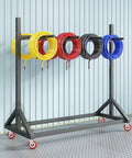 Rock Solid Wire Harness Hanging Rack With Adjustable Cable Roll Storage And Portable Shop Organizer Featuring Shop Tough Steel Frame displaying colorful cables.