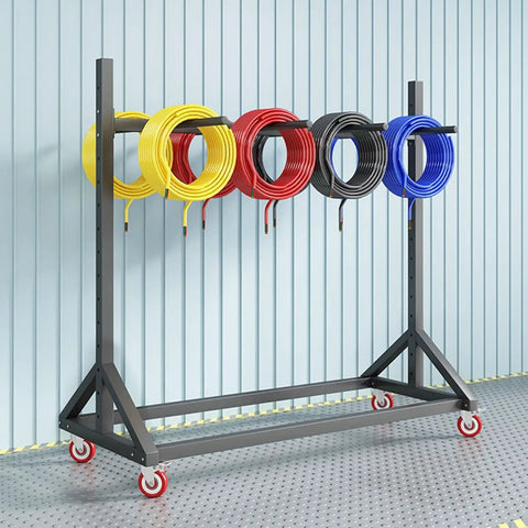 Rock Solid Wire Harness Hanging Rack With Adjustable Cable Roll Storage And Portable Shop Organizer Featuring Shop Tough Steel Frame displaying colorful cables.