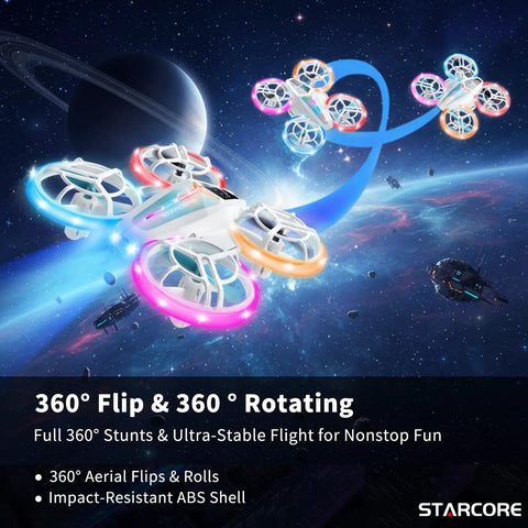 Kid Friendly Dual Module Lighting Drone With Triple Battery Pack flying in space with 360° flips
