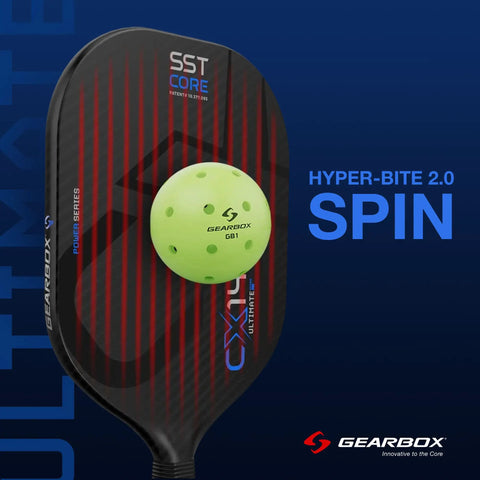 Black CX14H Next Level Power Hyper Pickleball Paddle With 3 5 Eighths Inch Handle, 3K Woven Carbon Fiber Face, beside green pickleball.
