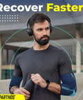 Man wearing elbow compression sleeves for pain relief and support, on the go comfort, boosts blood flow, large, flamingo pink.