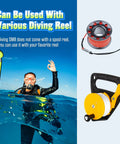 Diver with High Visibility Surface Marker Buoy For Diving And Freediving, Inflatable SMB, 6 Foot Long, in the ocean with reels.