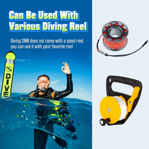 Diver with High Visibility Surface Marker Buoy For Diving And Freediving, Inflatable SMB, 6 Foot Long, in the ocean with reels.