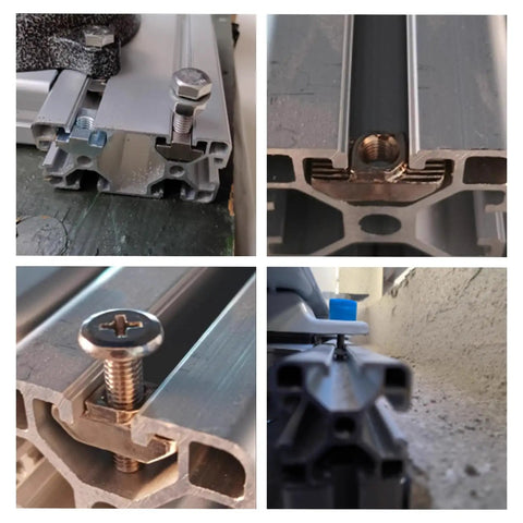 Installation of 22 pack one quarter inch 20 threaded steel roll in T nuts with ball spring for 10 series aluminum extrusion profiles T slot rails.