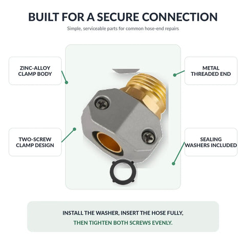 Fix Leaky Garden Hose Ends Fast With Heavy Duty Aluminum Connector Kit For 3 4 And 5 8 Inch Hoses Universal Fit Saves Cash Stop Drips Now. Zinc-alloy clamp body and threaded end with washer