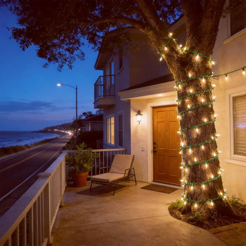 100 LED Warm White Christmas String Lights With 35 Ft White Wire wrapped around a tree by a house entrance during evening.