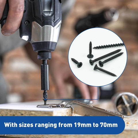 Person using drill with Drywall Screws Assortment Kit, 108 Piece Set With Coarse Thread Self Tapping Phillips Drive, sizes 19mm to 70mm.