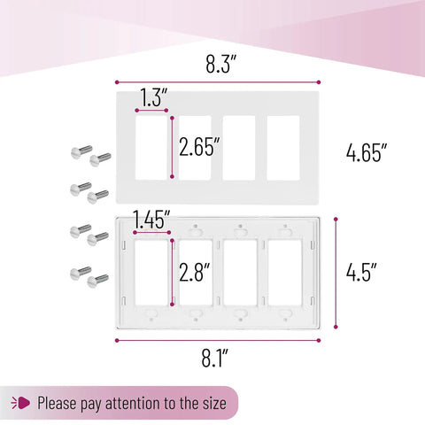 Diagram showing dimensions of Screwless 4 Gang Decorator Wall Plate White Polycarbonate Outlet Cover Unbreakable Impact Resistant Durable Flush Mount Wall Plate for Clean Outlet Installations 8.3 Inches By 4.67 Inches with included screws.