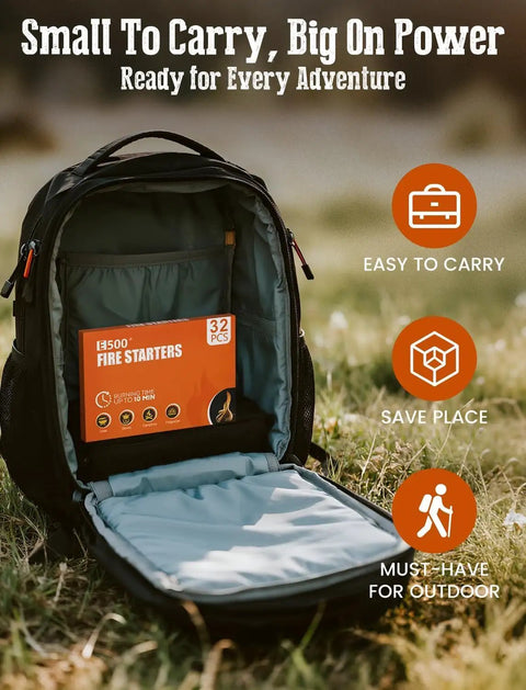 Backpack with Natural Pine Fire Starter Cubes For Fireplace Campfire Chimney BBQ And Fire Pit 32 Cube Pack inside, outdoors