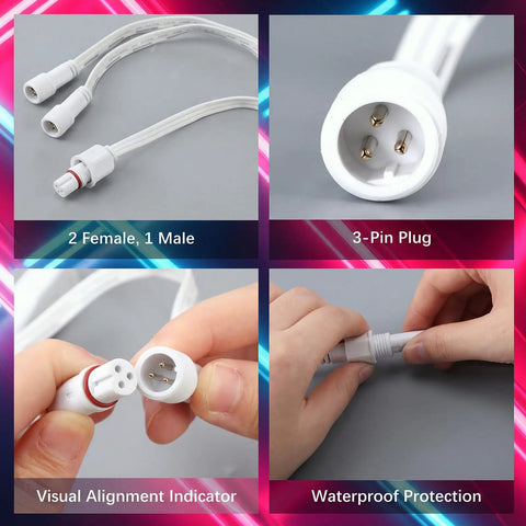 Heavy Duty All Season Extension Cable Set 6 Pack Featuring Three Y Branch Plugs And Three Sixteen Foot White Leads Plug And Play ready for Govee H705 H706 Pro with waterproof connectors.
