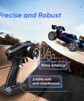 One Twelfth Scale Brushless RC Car With 50 MPH Top Speed Off Road 4WD Buggy Electric Remote Control Truck leaping over ramp
