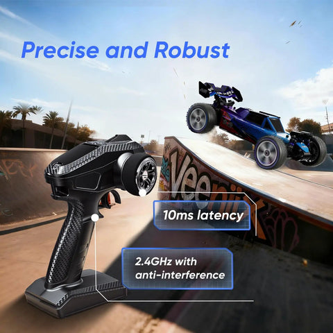 One Twelfth Scale Brushless RC Car With 50 MPH Top Speed Off Road 4WD Buggy Electric Remote Control Truck leaping over ramp