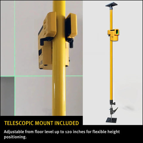 Telescopic mount for Top Shelf Green Beam Cross Line Laser Bundle, adjustable up to 120 inches for optimal job site use.