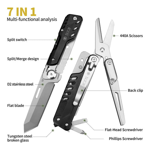 7 In 1 Detachable Multitool With D2 Steel Blade And Large Scissors featuring split and merge mechanism, labeled functions visible