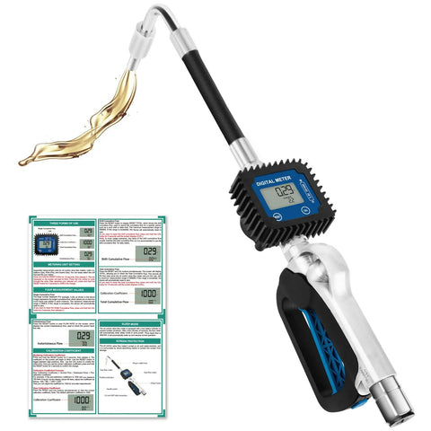 Beefed Up Heavy Duty Air Operated Oil Flow Meter Dispenser Nozzle Digital Metering Gun One Half Inch NPT Inlet 10 GPM And 35 LPM