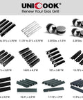 Various grill parts including Heavy Duty Adjustable Porcelain Steel Gas Grill Heat Plate Shield 4 Pack Extends From 11.75 to 21 Inches Heat Tent Flavorizer Bar Burner Cover Flame Tamer Prevents Flare Ups and Prolongs Burner Life for Most Grills displayed with size details on a white background.