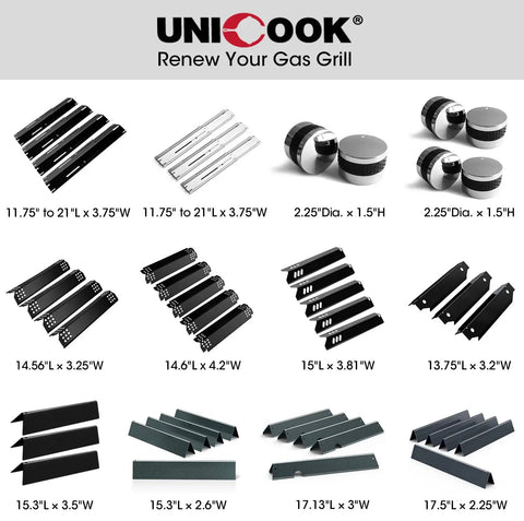 Various grill parts including Heavy Duty Adjustable Porcelain Steel Gas Grill Heat Plate Shield 4 Pack Extends From 11.75 to 21 Inches Heat Tent Flavorizer Bar Burner Cover Flame Tamer Prevents Flare Ups and Prolongs Burner Life for Most Grills displayed with size details on a white background.