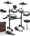 B Core 530 Electric Drum Set With Dual Zone Quiet Mesh Pads 10 Inch Cymbals shown with lesson book, throne, sticks, and headphones.