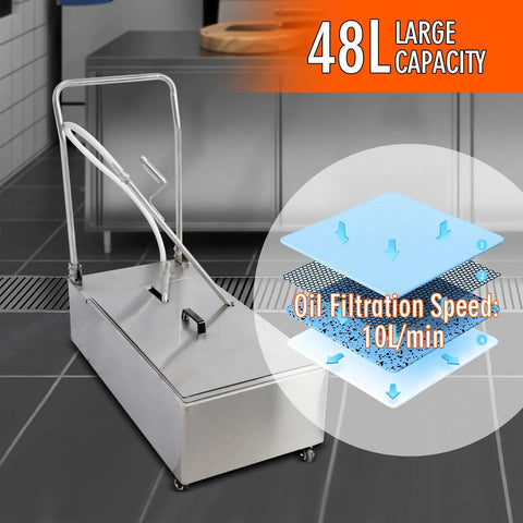 Heavy Duty Foldable Deep Fryer Oil Filter Machine With Fast Flow Pump And Kitchen Ready Design Helping Busy Restaurant Crews Clean Their Grease Without Breaking A Sweat featuring large 48L capacity and filtration details.