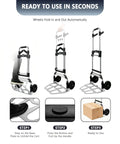 Heavy Duty Folding Hand Truck With Slick Telescoping Handle And Smooth Rolling Wheels Zero Fuss Portable Dolly Cart steps to use and fold.