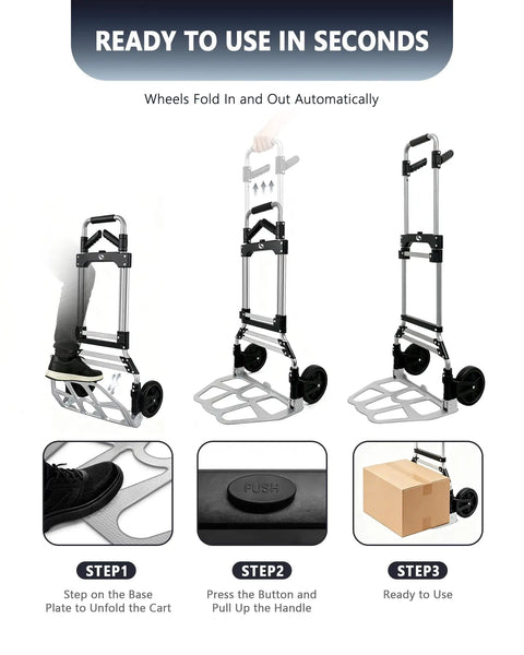 Heavy Duty Folding Hand Truck With Slick Telescoping Handle And Smooth Rolling Wheels Zero Fuss Portable Dolly Cart steps to use and fold.