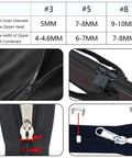 DIY Zipper Repair Kit With Replacement Sliders And Pulls, 252 Piece Zipper Slider Set With Installation Pliers, Silver Black And Antique Brass Finishes, Fits Jackets Backpacks Luggage And Sleeping Bags, Sizes 3 5 8 With Top And Bottom Stops image showing zipper sizes and close-ups.