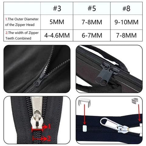 DIY Zipper Repair Kit With Replacement Sliders And Pulls, 252 Piece Zipper Slider Set With Installation Pliers, Silver Black And Antique Brass Finishes, Fits Jackets Backpacks Luggage And Sleeping Bags, Sizes 3 5 8 With Top And Bottom Stops image showing zipper sizes and close-ups.