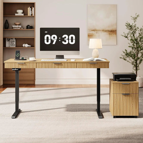 Smooth Operator Electric Standing Desk With Slim File Cabinet 63 Inch Height Adjustable Sit Stand Work Table with monitor and lamp