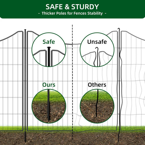 Comparison of No Dig Decorative Outdoor Garden Fence with sturdier poles and others, showing durability on grassy surface.