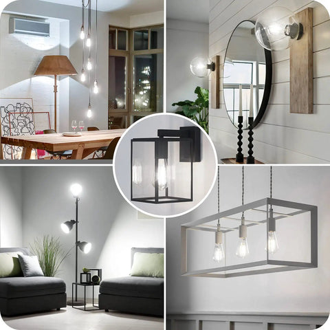 Collage of home spaces lit by 4 Pack Vintage E26 LED Edison Bulbs 100W Equivalent 1400LM High Brightness 8W ST58 Filament Bulbs