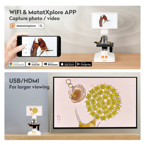 Digital Microscope 1200X USB With a 7 Inch Rotatable Screen for Kids and Adults, Easy to Share Observations in Classrooms and at Home, Compact Design That Makes Science Hands On and Fun showing phone and TV viewing