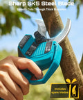 Close-up of 2 In 1 Electric Pole Pruner With 4 Mode Adjustable Cut And 2 Point 2 Inch Diameter trimming branch with SK5 blade