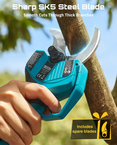 Close-up of 2 In 1 Electric Pole Pruner With 4 Mode Adjustable Cut And 2 Point 2 Inch Diameter trimming branch with SK5 blade