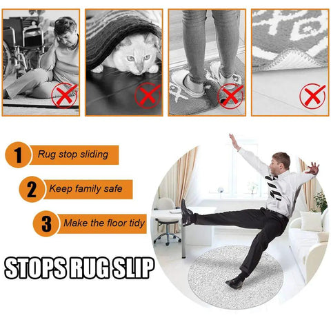 Collage showing hazards of sliding rugs with a person slipping, emphasizing Ultra Sticky Rug Grippers For Anti Curling Non Slip Rug Tape.