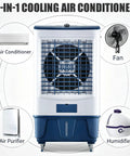 Portable Evaporative Air Cooler With Mechanical Knobs And Auto Swing, Three Speeds Pump Out Kickin Cool Airflow For Bedroom Or Studio Setup, Sweet Easy Glide Design Chases Away Sticky Summer Days In Seconds, showing the front view with fan and controls.