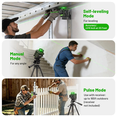 360 Degree Laser Level With Tripod Self Leveling Green Laser Tool For Pros Drop Proof Rugged Build With 60 Inch Drop Protection All Around Rubber Armor For Tough Jobsite Drops, self-leveling mode