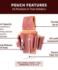 Diagram of Durable Leather Electrician’s Tool Pouch With 15 Pockets And Tool Holders, belt-worn utility bag features labeled.