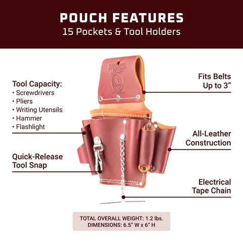 Diagram of Durable Leather Electrician’s Tool Pouch With 15 Pockets And Tool Holders, belt-worn utility bag features labeled.