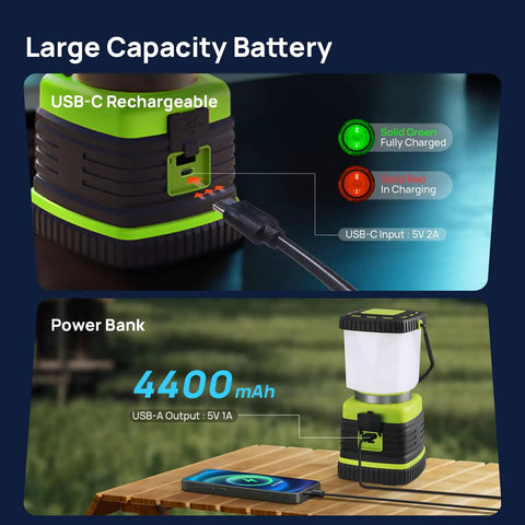 Rechargeable LED Camping Lanterns Beast Bright 1000 Lumens With Four Modes 4400mAh Power Bank IPX4 Waterproof shown charging devices