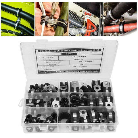 Rugged Stainless Steel Cable Clamp Kit With Rubber Sleeves 52 Piece Black Wire Management Set for automotive use displayed in case
