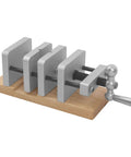 Front view of Pen Blank Centering Vise For Precise Center Holes Drilling On Drill Press Go To Pen Turning Jig, on wooden base.