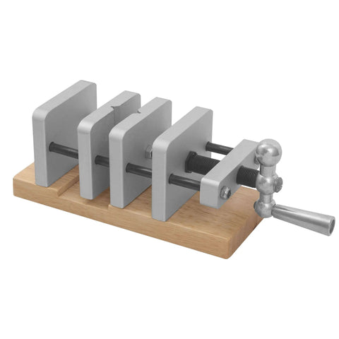 Front view of Pen Blank Centering Vise For Precise Center Holes Drilling On Drill Press Go To Pen Turning Jig, on wooden base.
