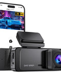 Crystal Clear 1296P Front Dash Cam with WiFi App Night Vision, compact design beside smartphone displaying video footage.