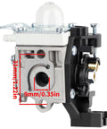 Side view of SRM 225 Carburetor Replacement For Echo Weed Eater Trimmer, with dimensions shown, featuring metal and plastic components.