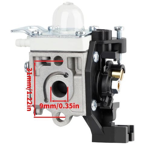 Side view of SRM 225 Carburetor Replacement For Echo Weed Eater Trimmer, with dimensions shown, featuring metal and plastic components.