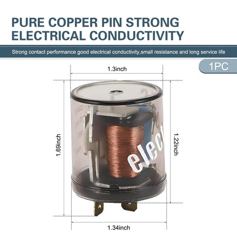Universal 2 Pin 12Volt Automotive Flasher Relay Featuring Heavy Duty Copper Coils And Bombproof Sealed Housing For Dead Reliable Turn Signal Blinker Swap, showing copper coils and dimensions.